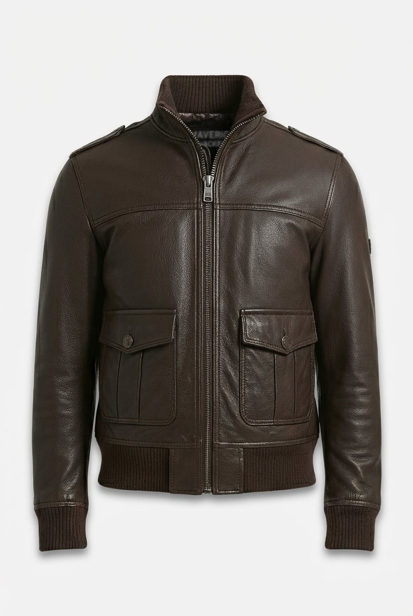 Men's dark brown leather bomber jacket with ribbed knit stand collar and buttoned patch pockets, Front View. The Alder by Maverick Jacket.