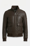 Men's dark brown leather bomber jacket with ribbed knit stand collar and buttoned patch pockets, Front View. The Alder by Maverick Jacket.