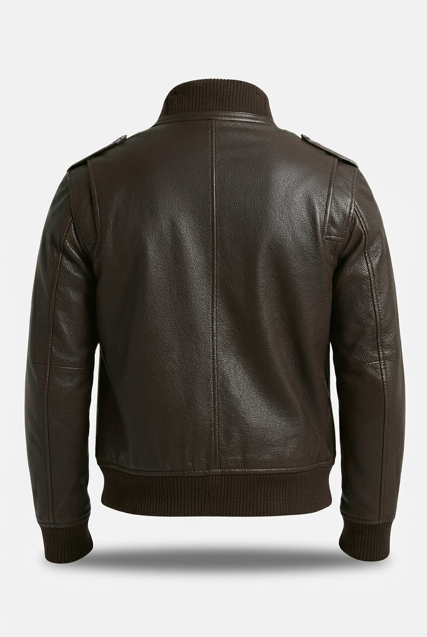 Men's dark brown leather bomber jacket with ribbed knit stand collar and buttoned patch pockets, Front View. The Alder by Maverick Jacket.