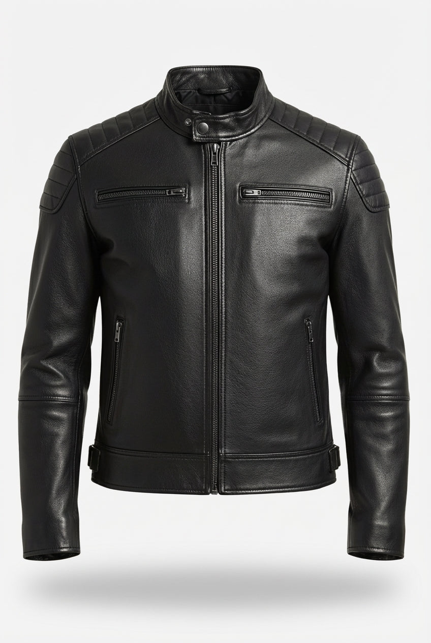 Men's black leather moto jacket with ribbed quilted shoulder panels and zippered chest pockets, Front View. The Axton by Maverick Jacket.