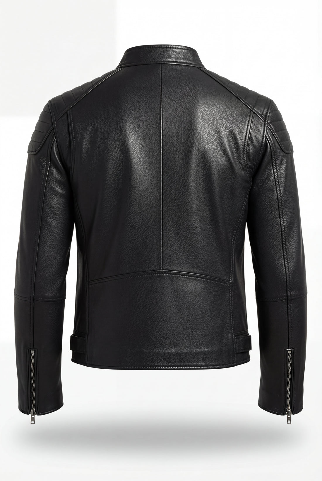 Men's black leather moto jacket with ribbed quilted shoulder panels and zippered chest pockets, Front View. The Axton by Maverick Jacket.