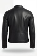 Rear view of black leather moto jacket showing vertical center seam and ribbed shoulder detailing. The Axton by Maverick Jacket.