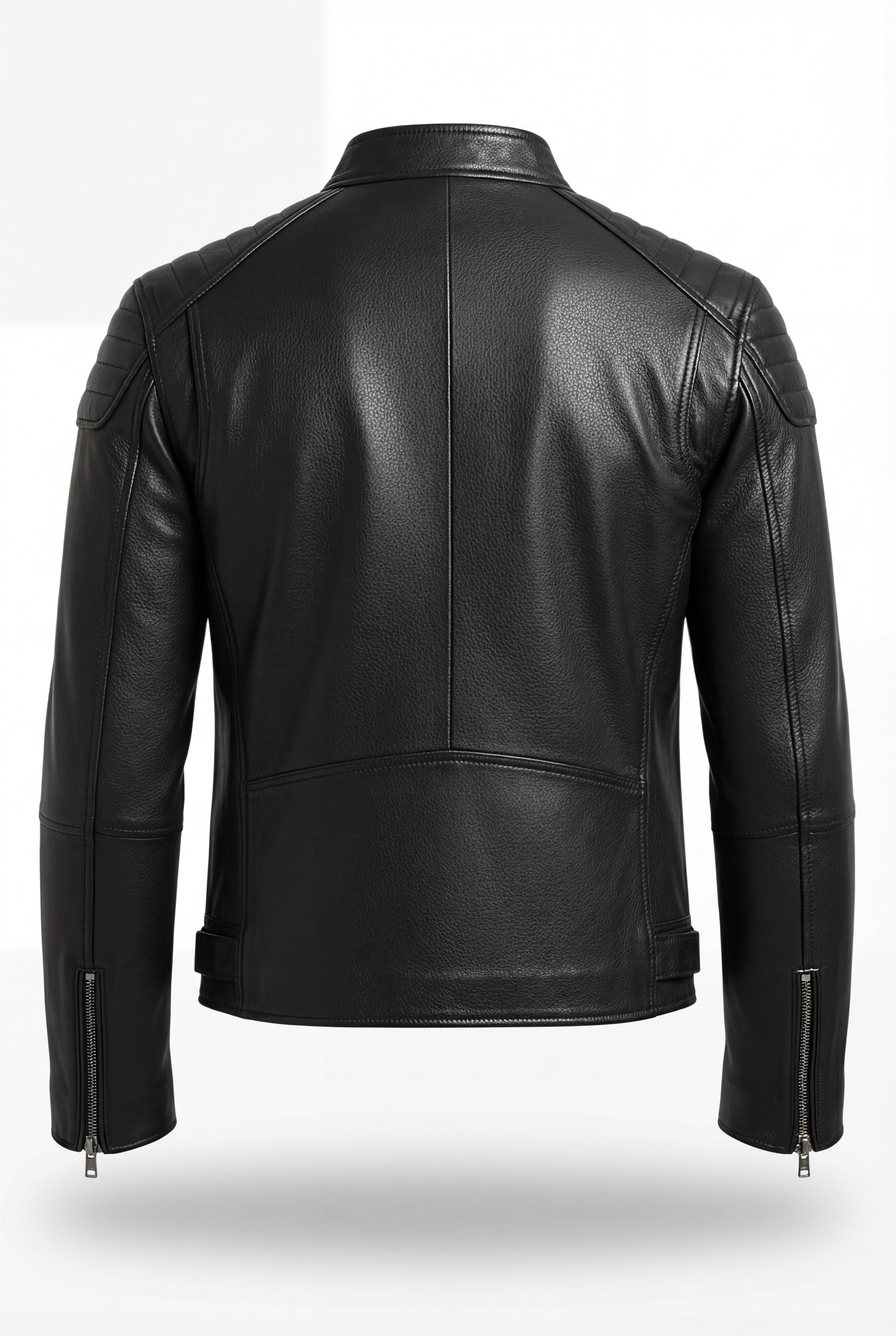 Rear view of black leather moto jacket showing vertical center seam and ribbed shoulder detailing. The Axton by Maverick Jacket.