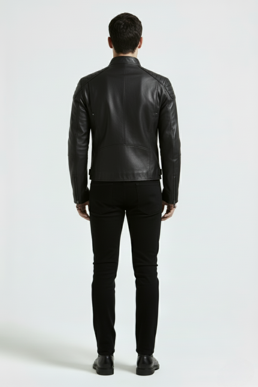 Rear view of male model wearing Maverick Axton moto jacket showing structured shoulder fit and clean back paneling. Maverick Jacket.