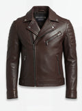 Men's brown leather biker jacket with ribbed shoulder panels and asymmetrical silver zipper, Front View. The Roadmaster by Maverick Jacket.