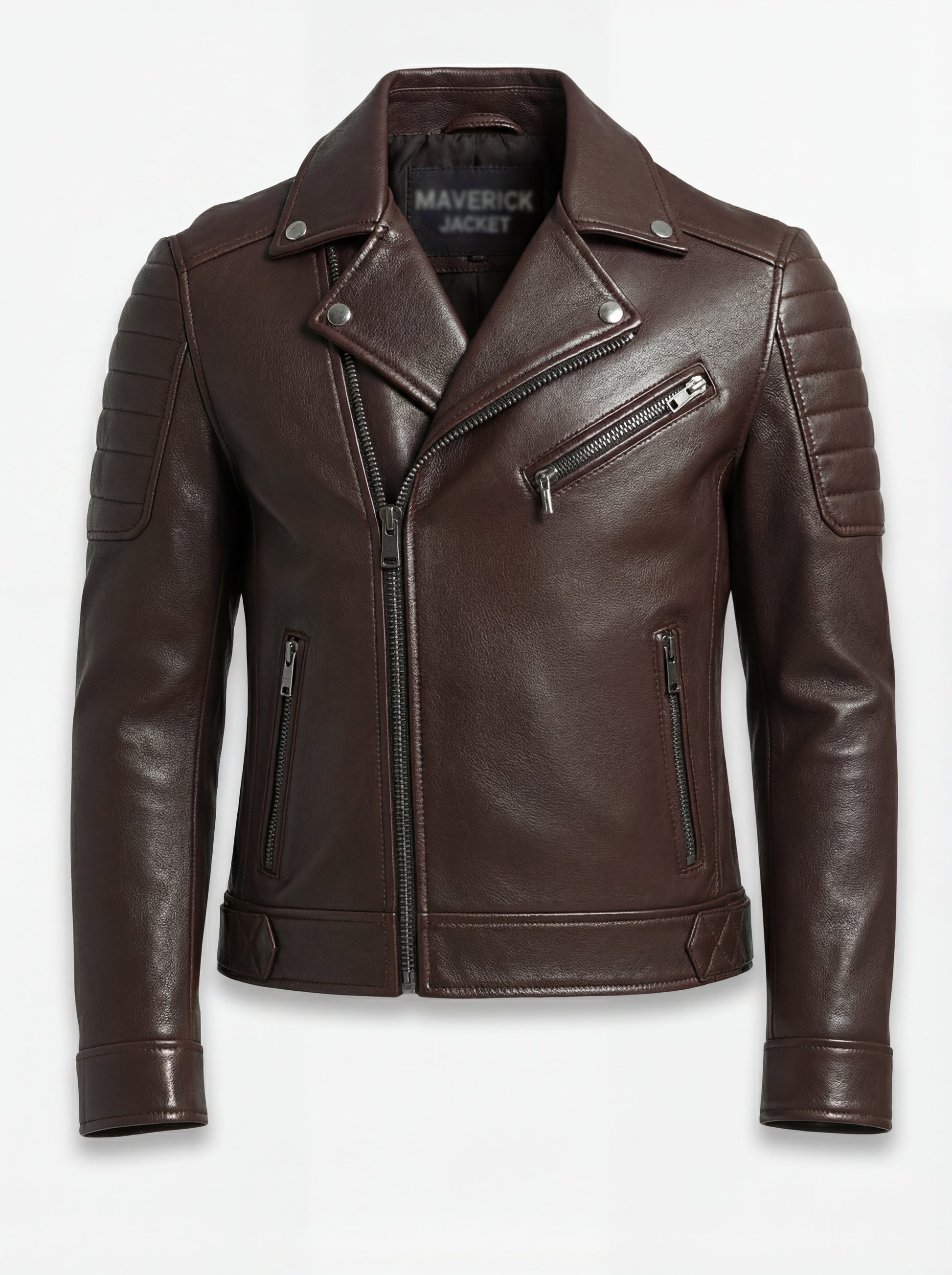 Men's brown leather biker jacket with ribbed shoulder panels and asymmetrical silver zipper, Front View. The Roadmaster by Maverick Jacket.