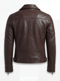 Rear view of brown leather biker jacket showing ribbed sleeve panels and adjustable side waist buckles. The Roadmaster by Maverick Jacket.