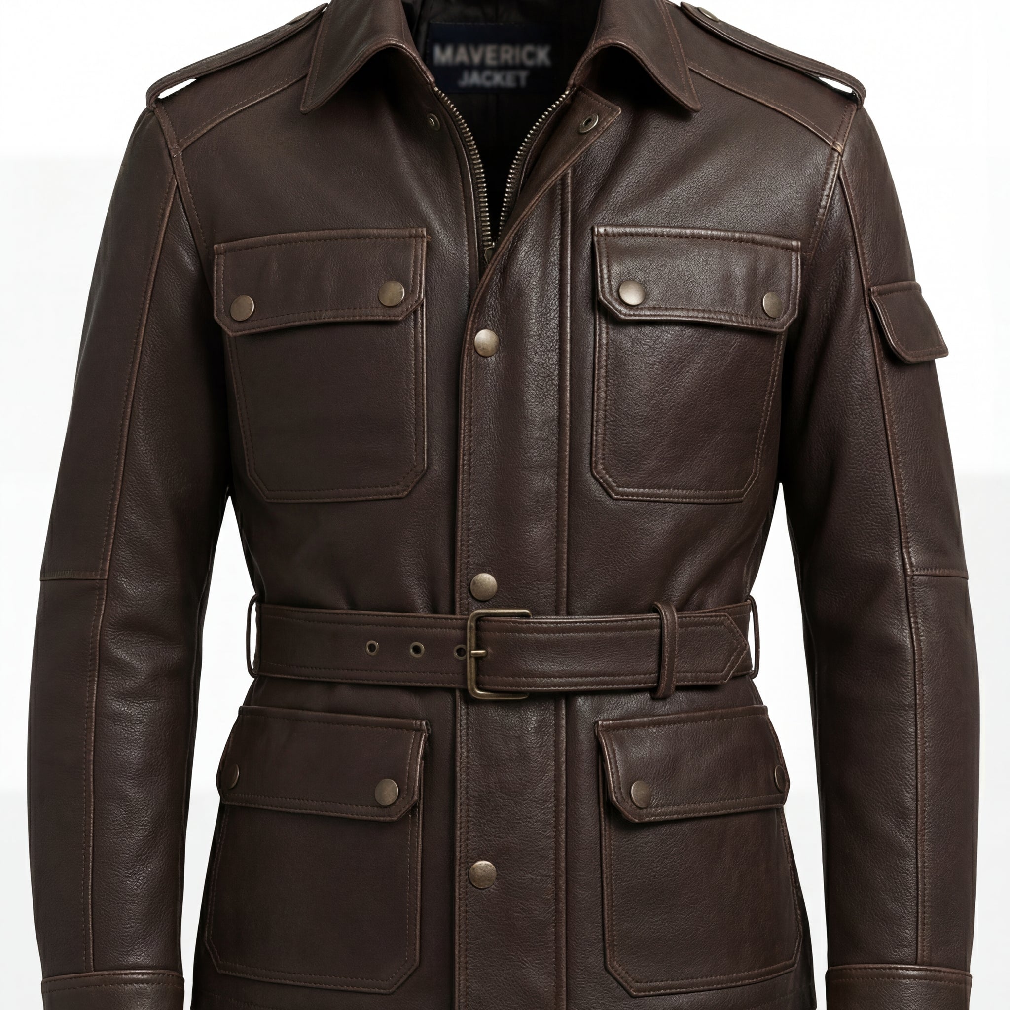 Brown Belted Leather Field Jacket ∣ Maverick Jacket