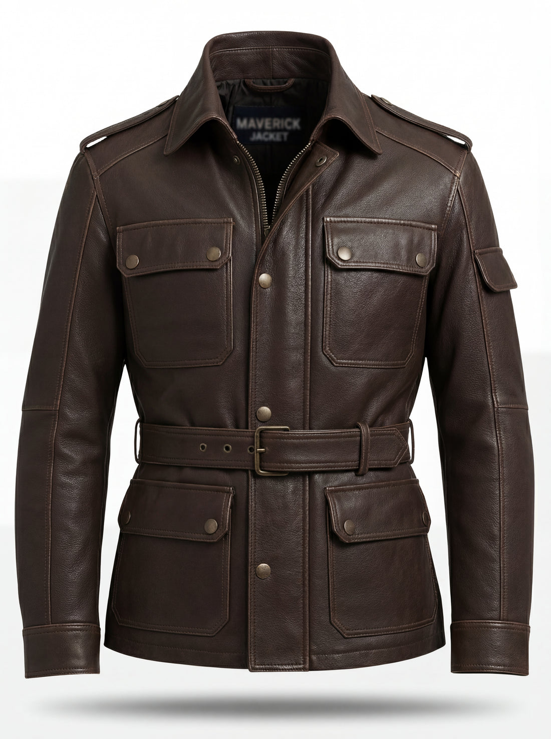Men's dark brown leather field jacket with four snap-button patch pockets and shoulder epaulettes, Front View. The Huntsman by Maverick Jacket.