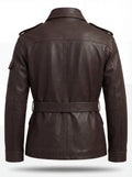 Rear view of dark brown leather field jacket showing structured shoulder yoke and adjustable waist belt. The Huntsman by Maverick Jacket.