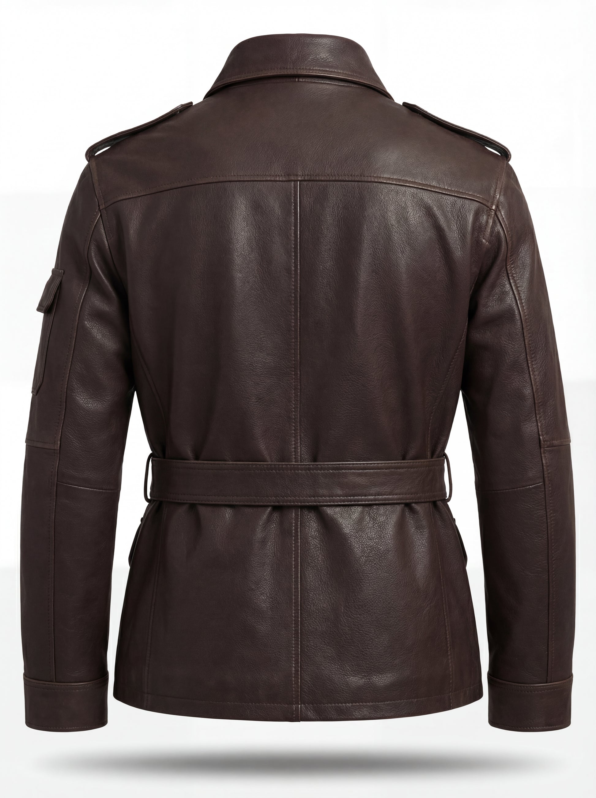 Rear view of dark brown leather field jacket showing structured shoulder yoke and adjustable waist belt. The Huntsman by Maverick Jacket.