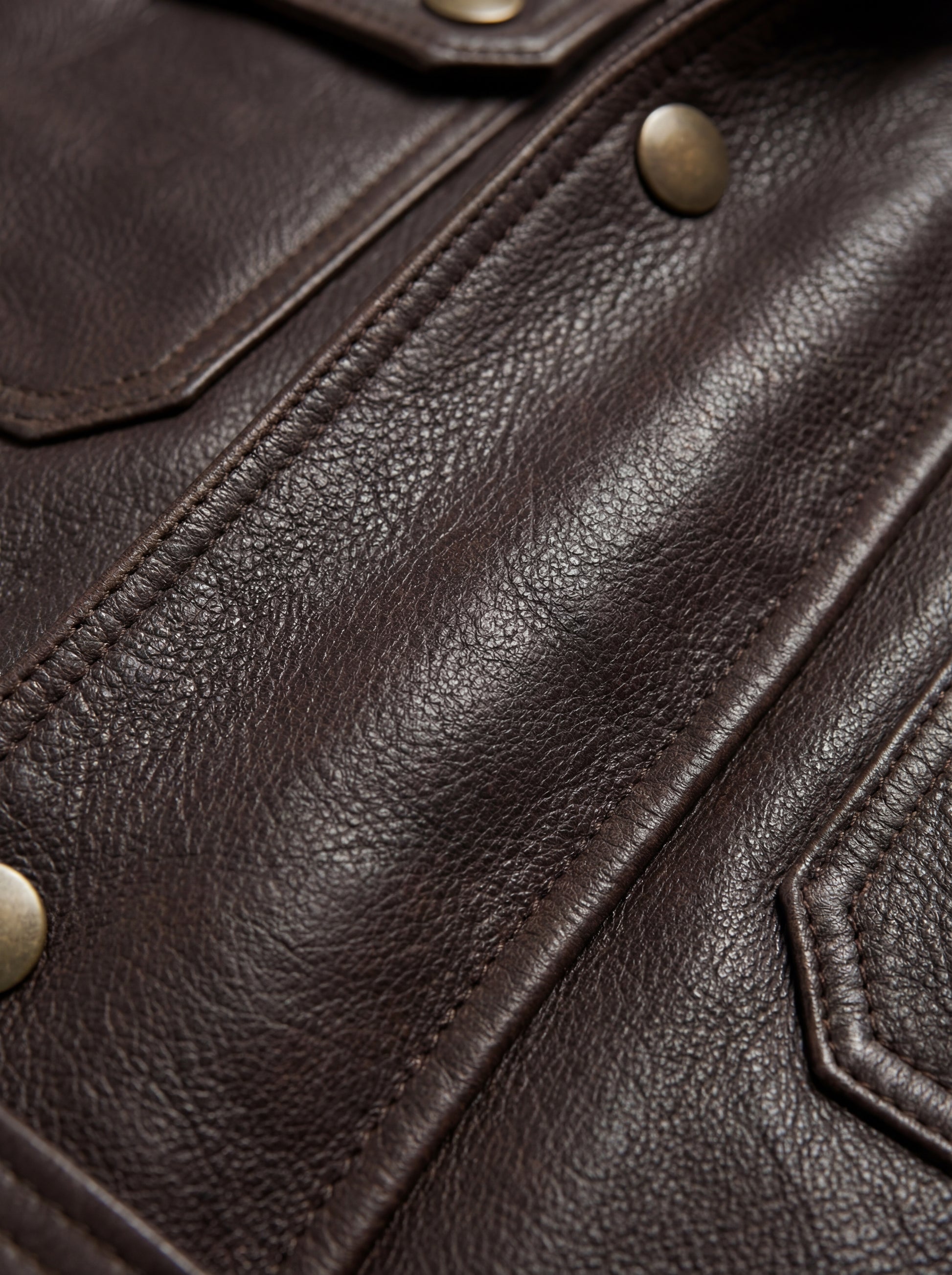 Macro shot of dark brown pebbled leather texture and antique brass snap button detail on field jacket. The Huntsman by Maverick Jacket.