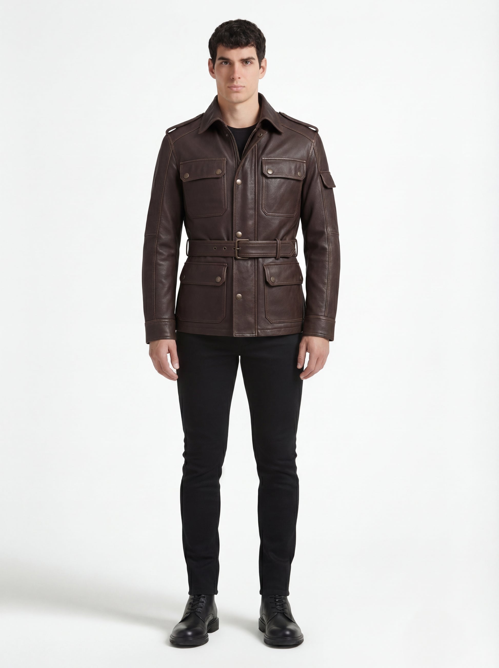 Male model wearing Maverick Huntsman leather field jacket, tailored fit, styled with black crewneck shirt and black slim trousers. Maverick Jacket.