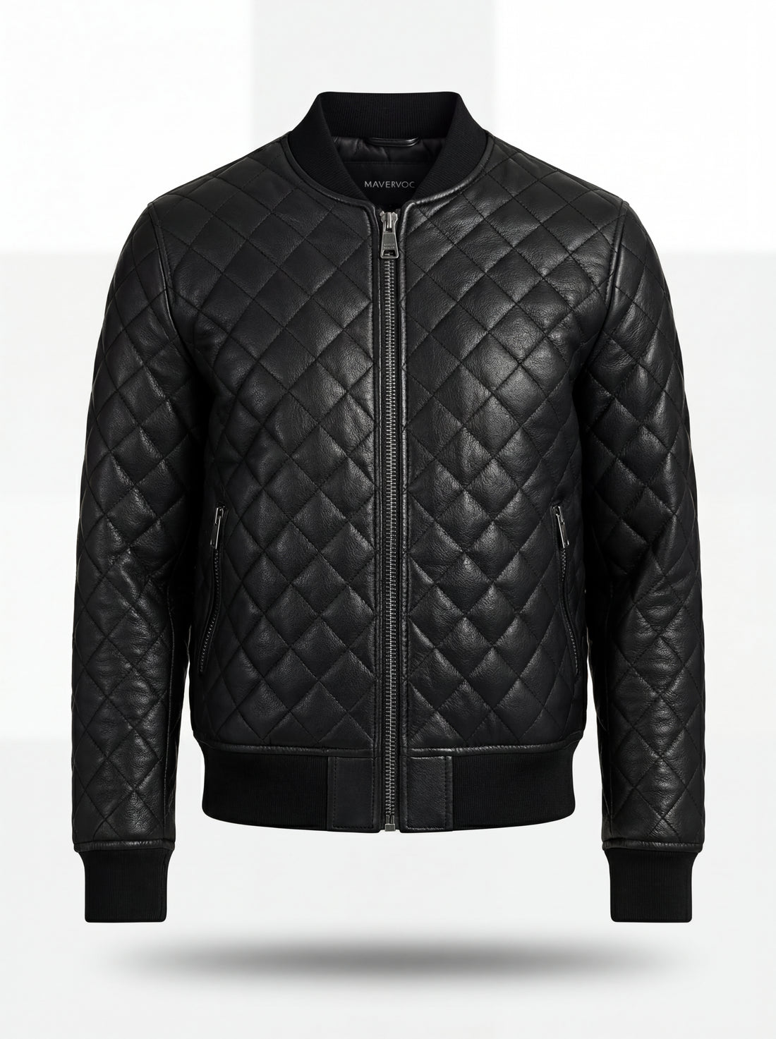 Men's black diamond quilted leather bomber jacket with ribbed knit collar and silver zipper hardware, Front View. The Nero by Maverick Jacket.