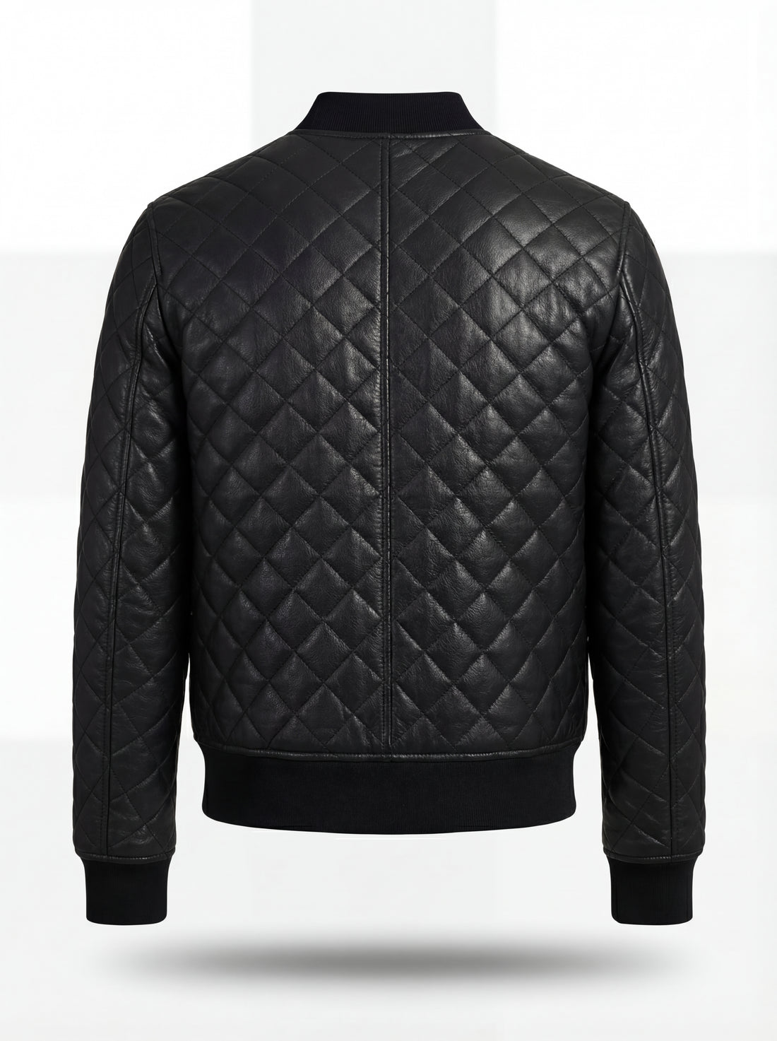 Men's black diamond quilted leather bomber jacket with ribbed knit collar and silver zipper hardware, Front View. The Nero by Maverick Jacket.