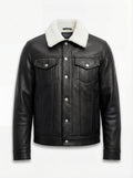 Men's Black Leather Jacket with white shearling collar and silver button-flap chest pockets, Front View. The Corbin by Maverick Jacket.