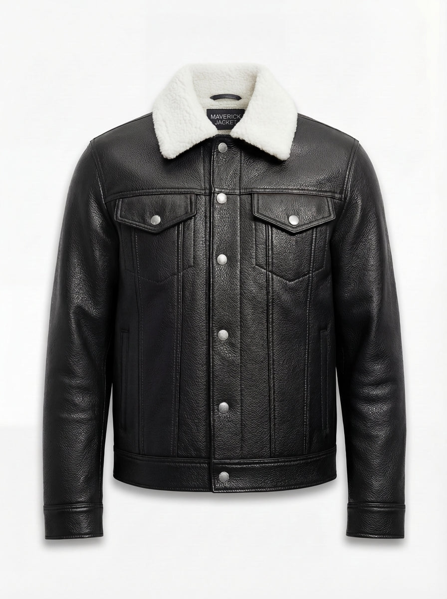 Men's Black Leather Jacket with white shearling collar and silver button-flap chest pockets, Front View. The Corbin by Maverick Jacket.