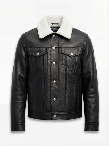 Men's Black Leather Jacket with white shearling collar and silver button-flap chest pockets, Front View. The Corbin by Maverick Jacket.