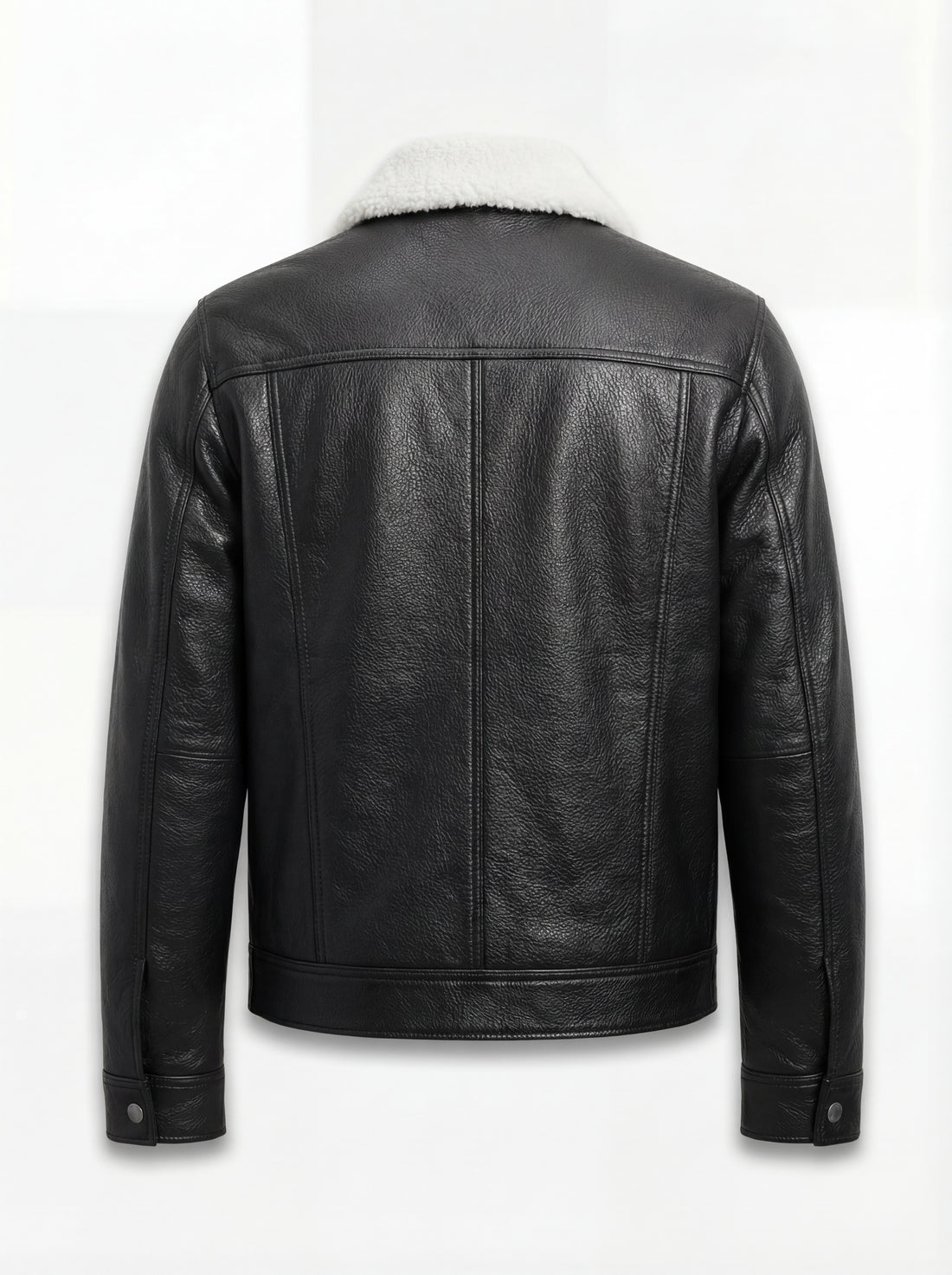 Men's Black Leather Jacket with white shearling collar and silver button-flap chest pockets, Front View. The Corbin by Maverick Jacket.