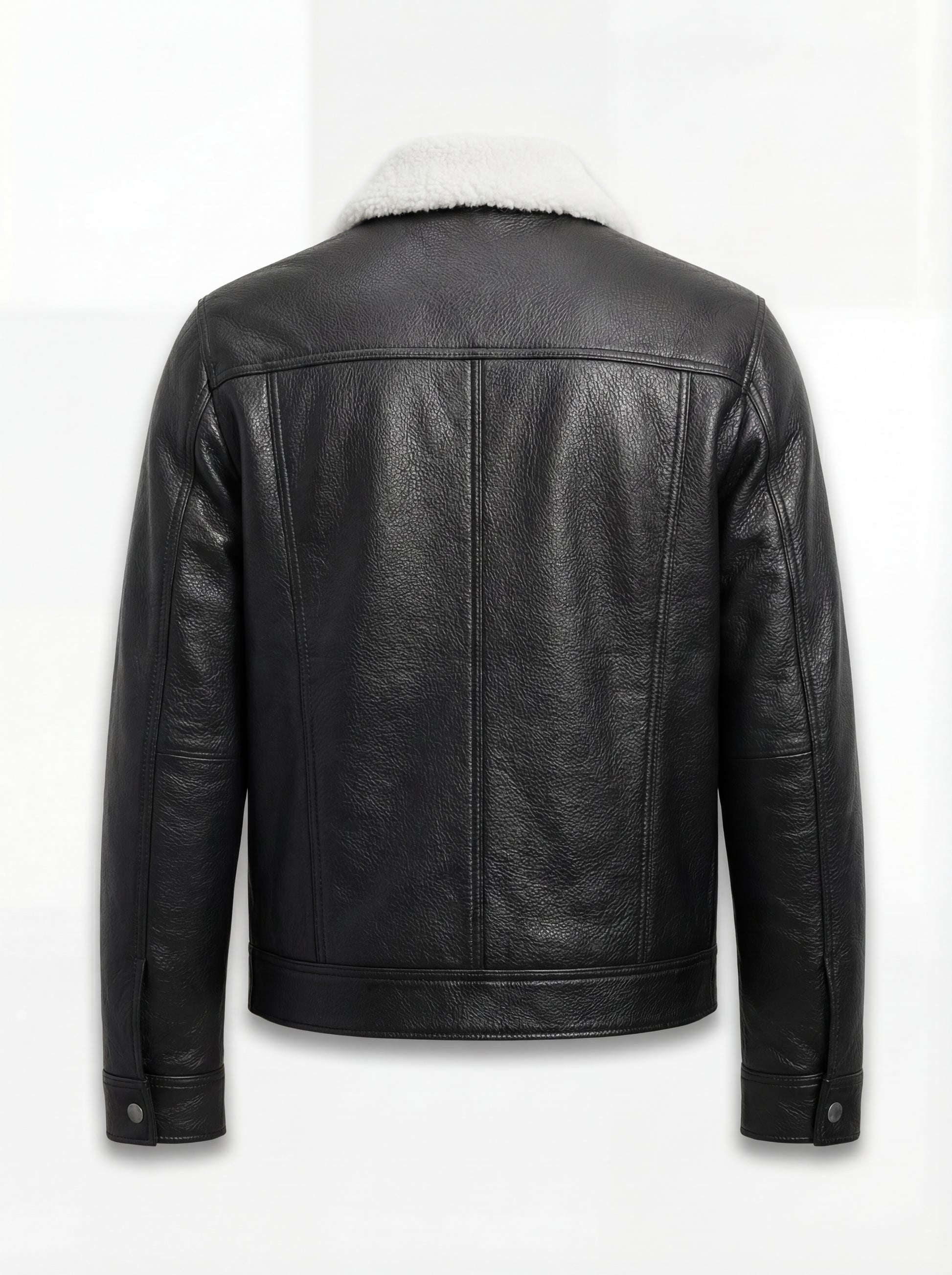 Rear view of Black Leather Jacket showing vertical back seams and adjustable waist tabs. The Corbin by Maverick Jacket.