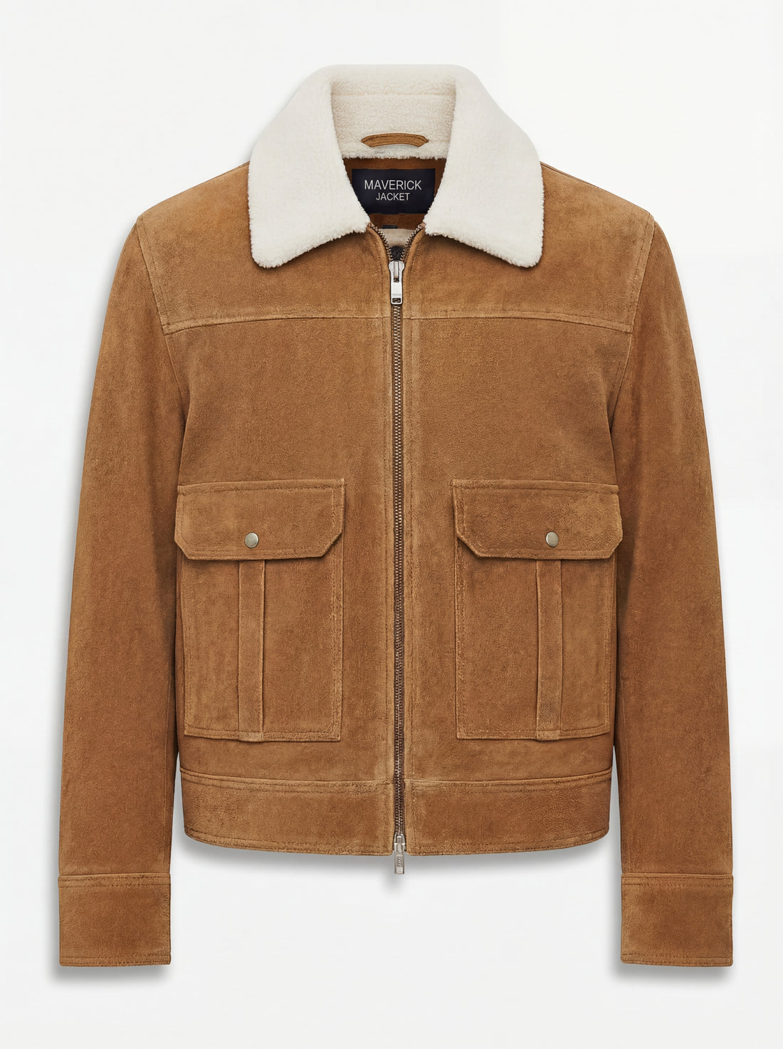 Men's Tan Suede Shearling Jacket with cream shearling collar and dual flap pockets, Front View. The Caden by Maverick Jacket.