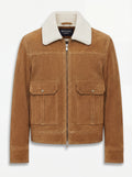 Men's Tan Suede Shearling Jacket with cream shearling collar and dual flap pockets, Front View. The Caden by Maverick Jacket.