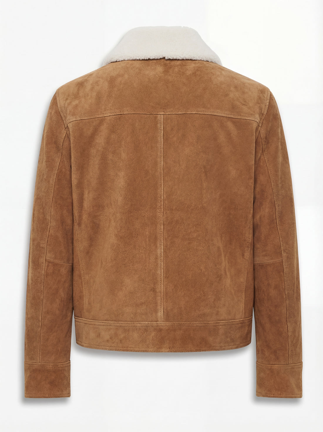 Men's Tan Suede Shearling Jacket with cream shearling collar and dual flap pockets, Front View. The Caden by Maverick Jacket.