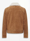 Rear view of Tan Suede Shearling Jacket showing vertical center seam and horizontal shoulder yoke. The Caden by Maverick Jacket.
