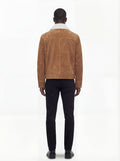 Rear view of male model wearing Maverick Caden suede shearling jacket showing broad shoulder fit and clean back paneling. Maverick Jacket.