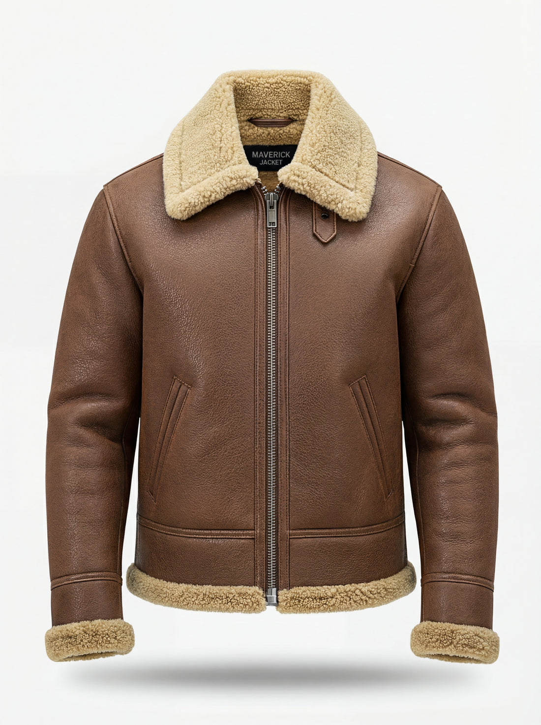 Men's Brown Leather Shearling Aviator Jacket with cream fur collar and throat latch strap, Front View. The Sterling by Maverick Jacket.