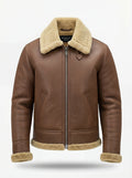 Men's Brown Leather Shearling Aviator Jacket with cream fur collar and throat latch strap, Front View. The Sterling by Maverick Jacket.