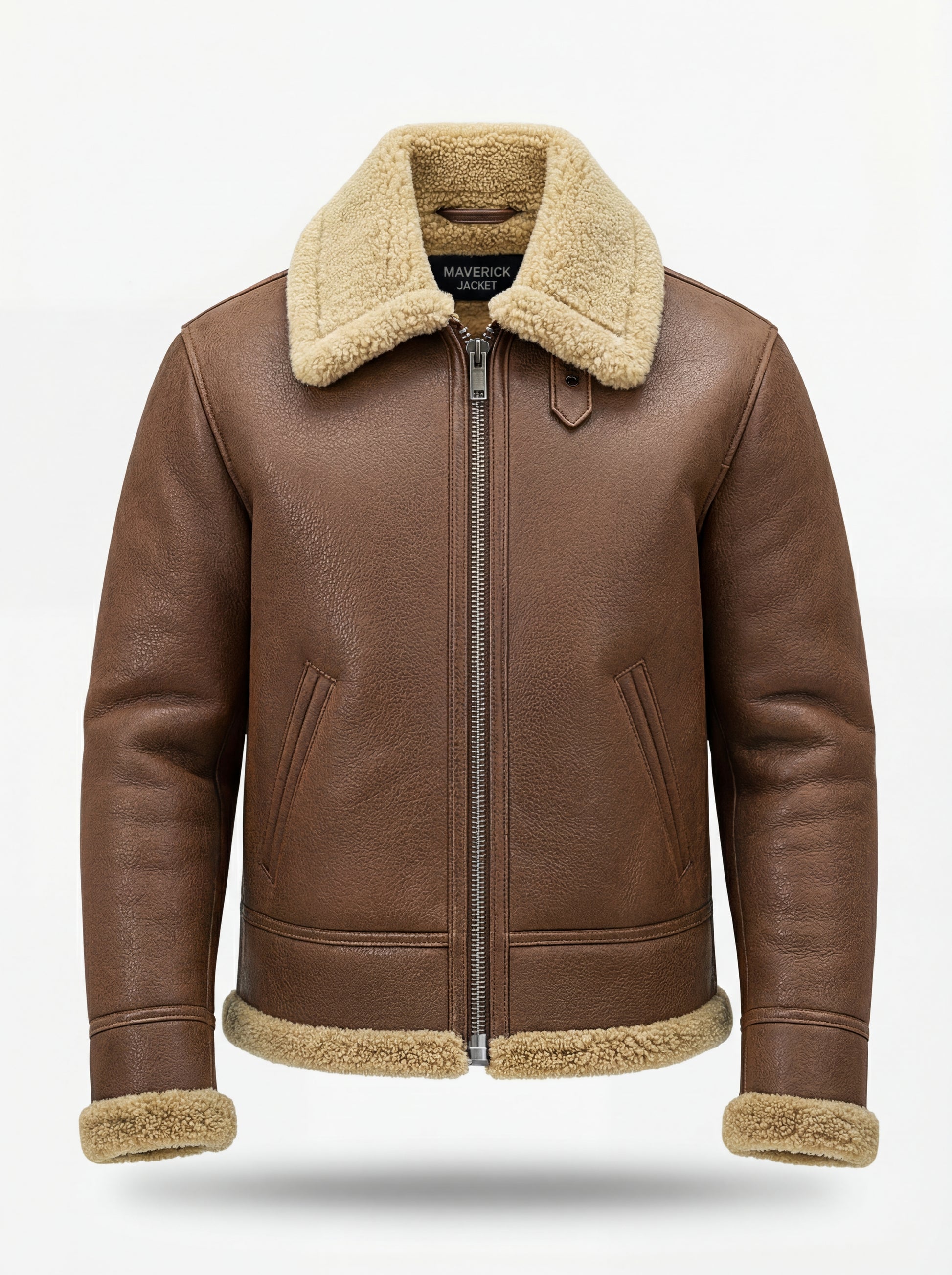Men's Brown Leather Shearling Aviator Jacket with cream fur collar and throat latch strap, Front View. The Sterling by Maverick Jacket.