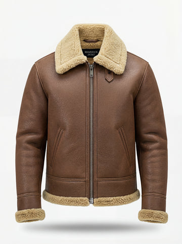 Men's Brown Leather Shearling Aviator Jacket with cream fur collar and throat latch strap, Front View. The Sterling by Maverick Jacket.