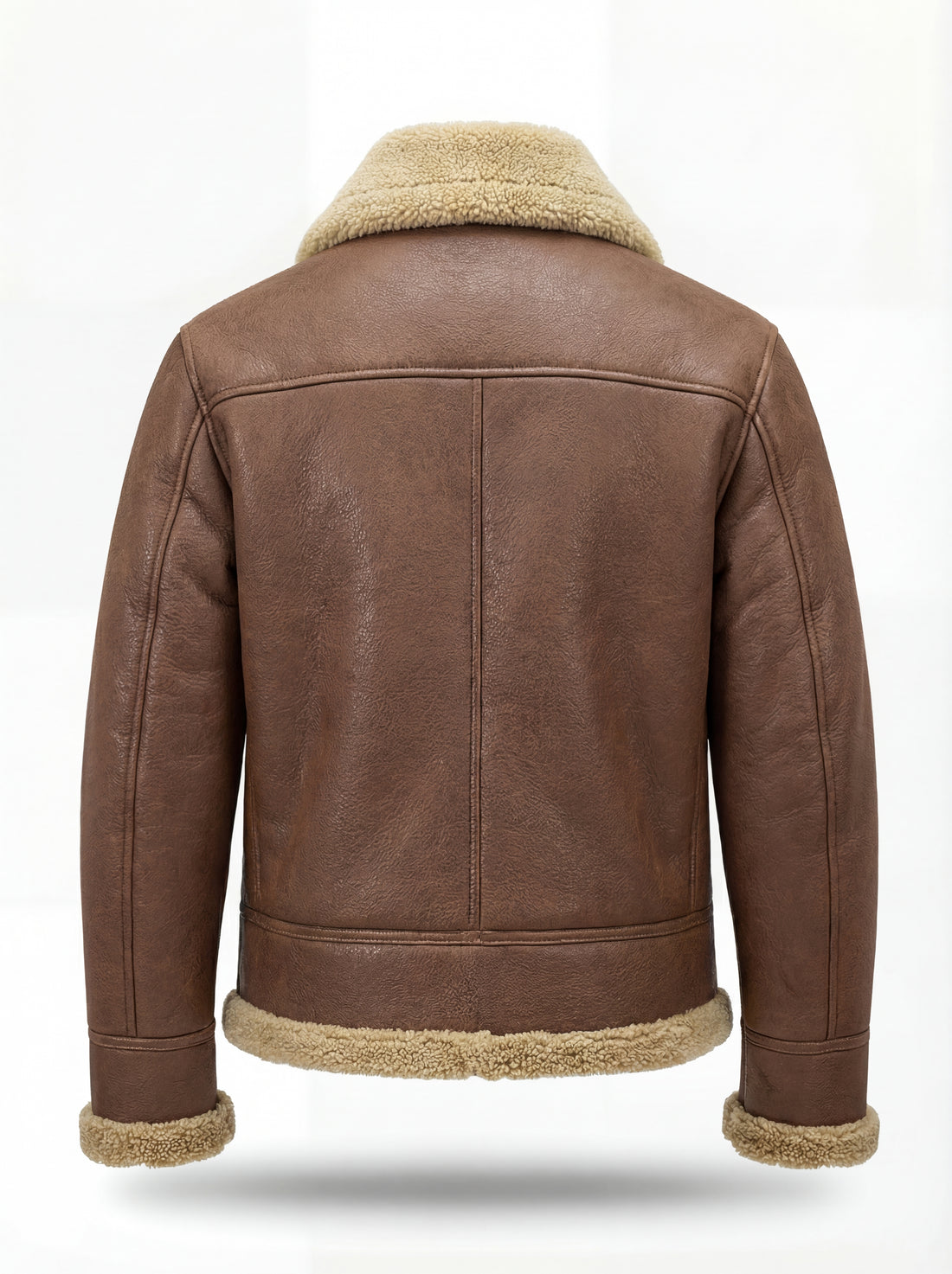 Men's Brown Leather Shearling Aviator Jacket with cream fur collar and throat latch strap, Front View. The Sterling by Maverick Jacket.