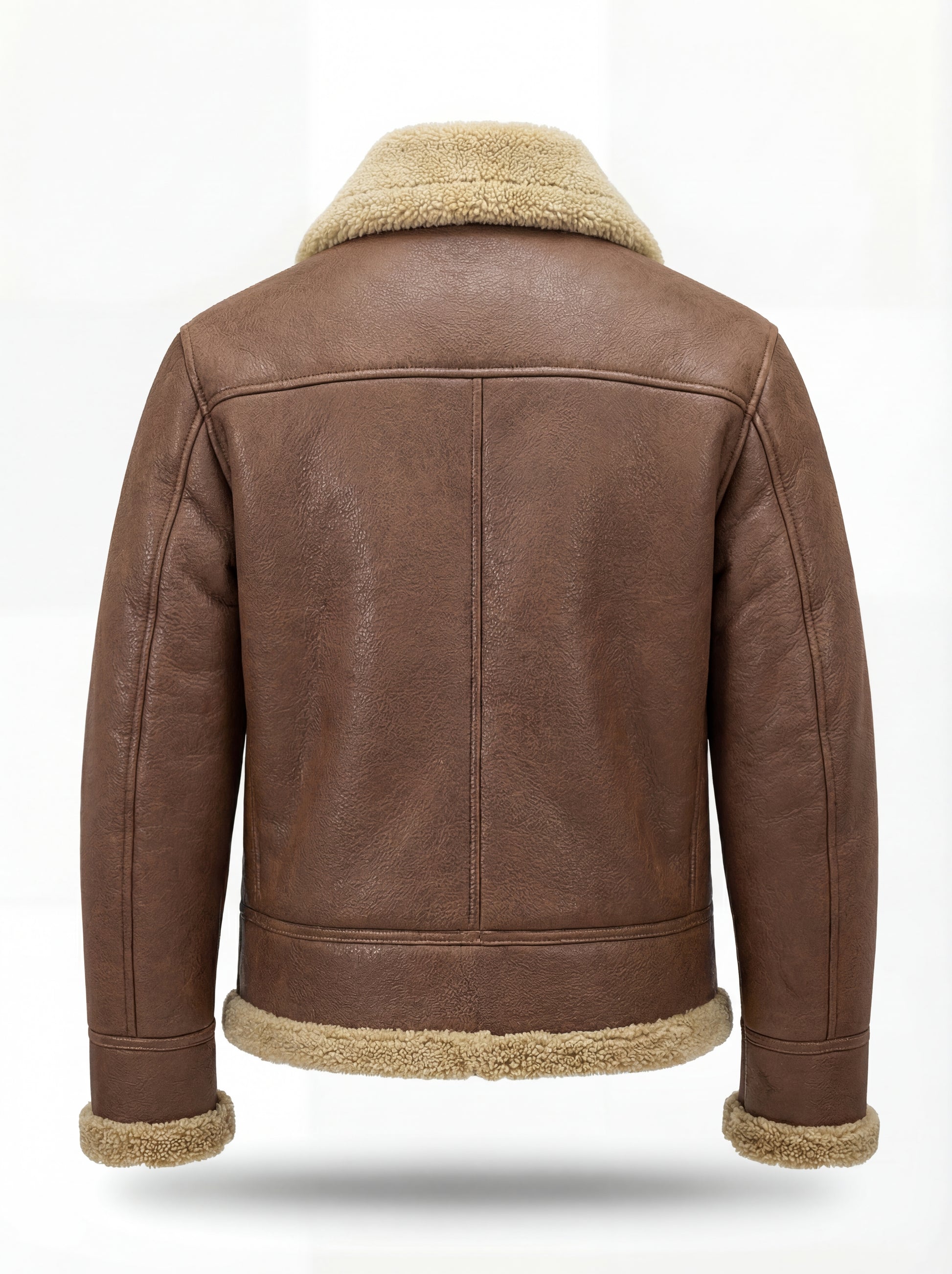 Rear view of Brown Leather Shearling Aviator Jacket showing vertical center seam and shearling hem trim. The Sterling by Maverick Jacket.