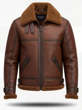Men's Brown Leather B3 Shearling Bomber Jacket with double buckle throat straps and slanted zipper pockets, Front View. The Sol by Maverick Jacket.