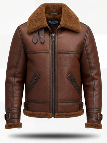 Men's Brown Leather B3 Shearling Bomber Jacket with double buckle throat straps and slanted zipper pockets, Front View. The Sol by Maverick Jacket.