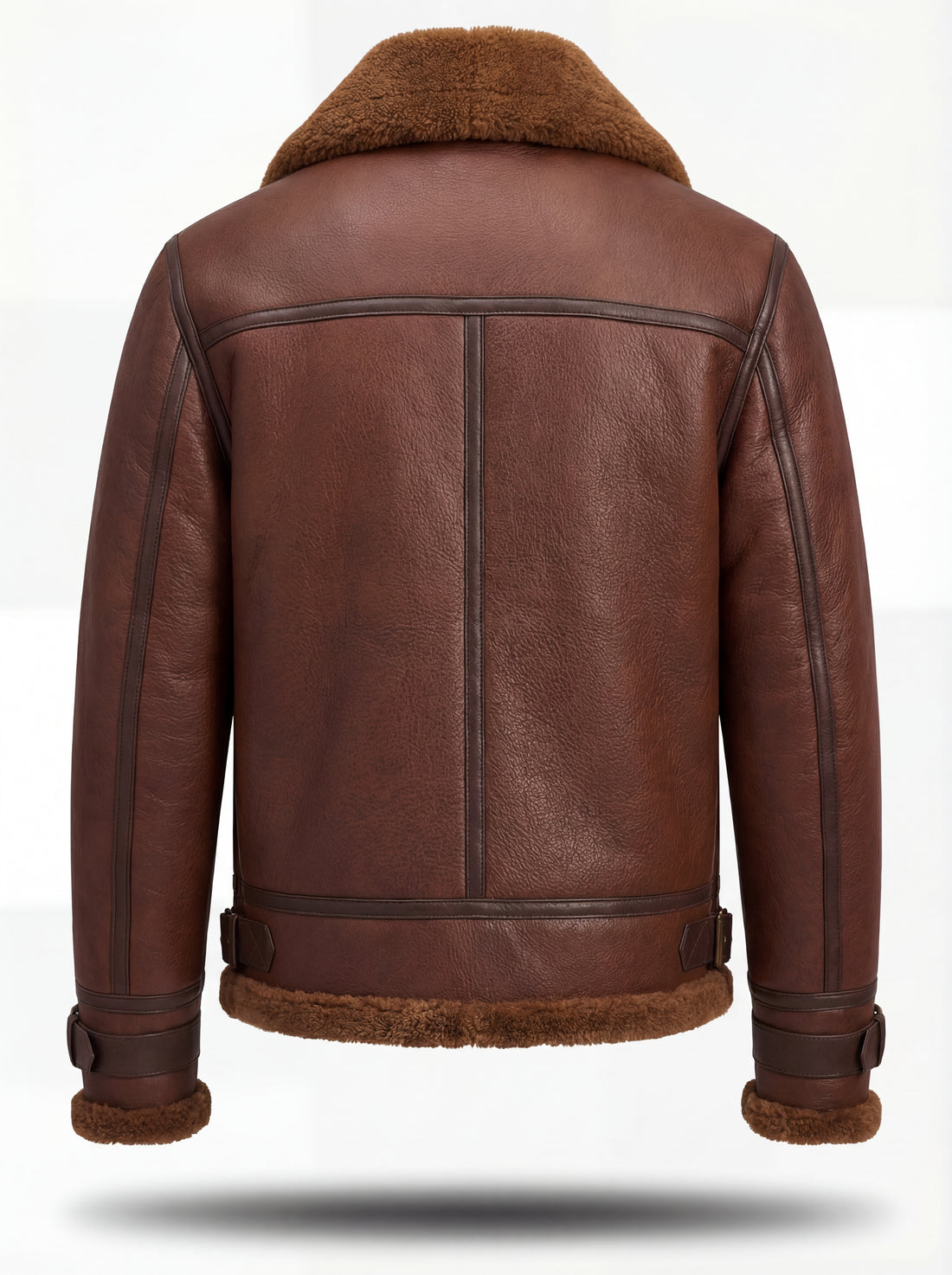 Men's Brown Leather B3 Shearling Bomber Jacket with double buckle throat straps and slanted zipper pockets, Front View. The Sol by Maverick Jacket.