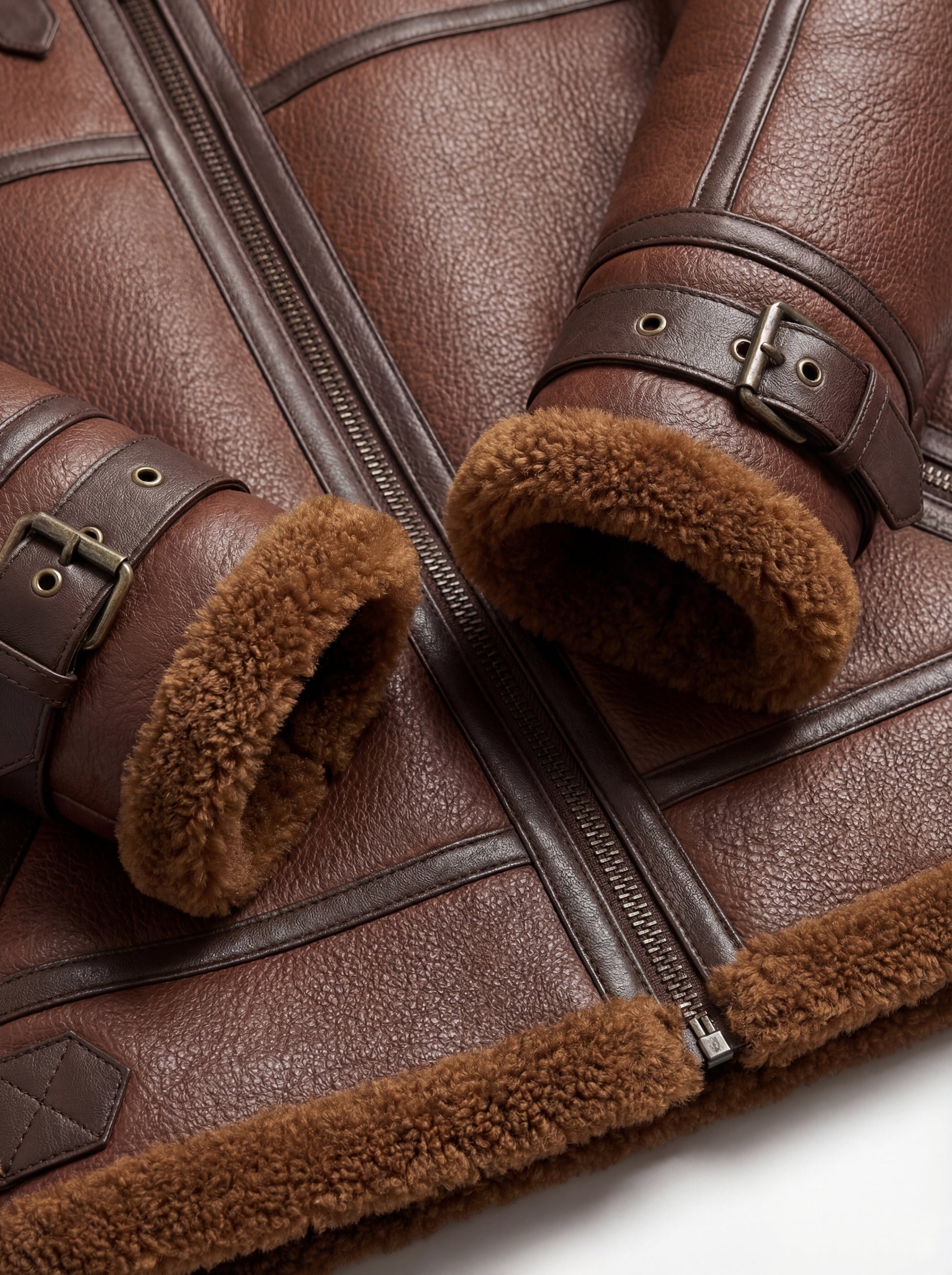 Macro shot of pebbled brown leather texture and buckle strap hardware on shearling cuff. The Sol by Maverick Jacket.