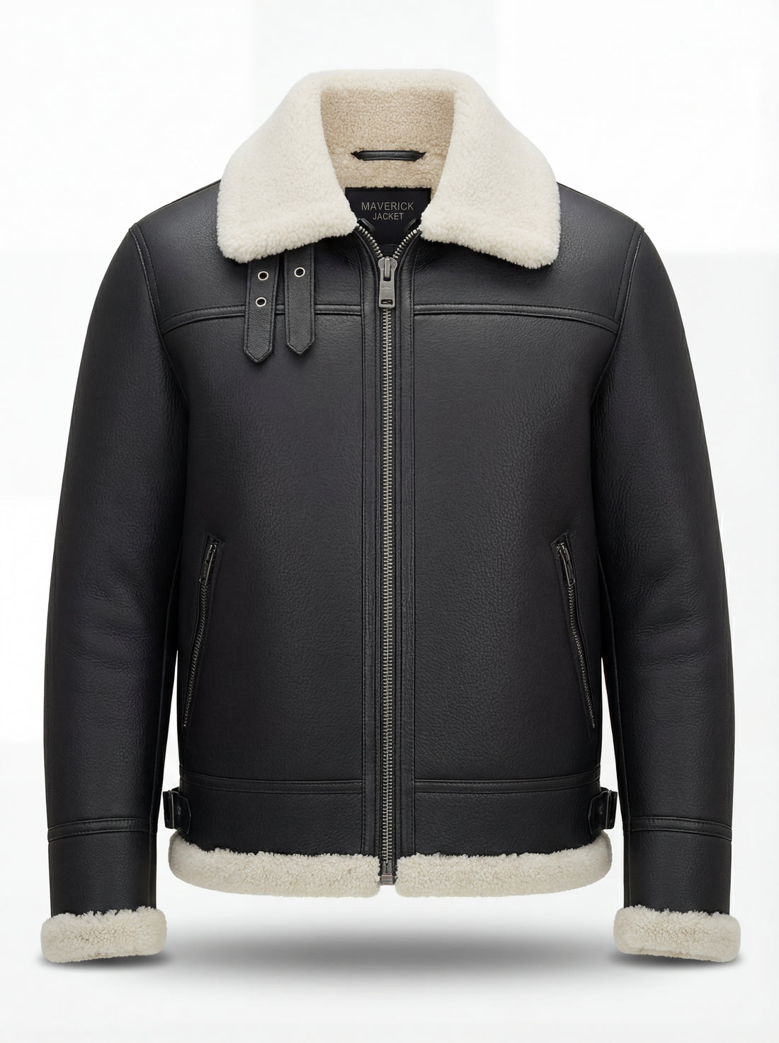 Men's Black Shearling B3 Bomber Jacket with white fur collar and double buckle throat straps, Front View. The Ronan by Maverick Jacket.