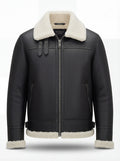 Men's Black Shearling B3 Bomber Jacket with white fur collar and double buckle throat straps, Front View. The Ronan by Maverick Jacket.