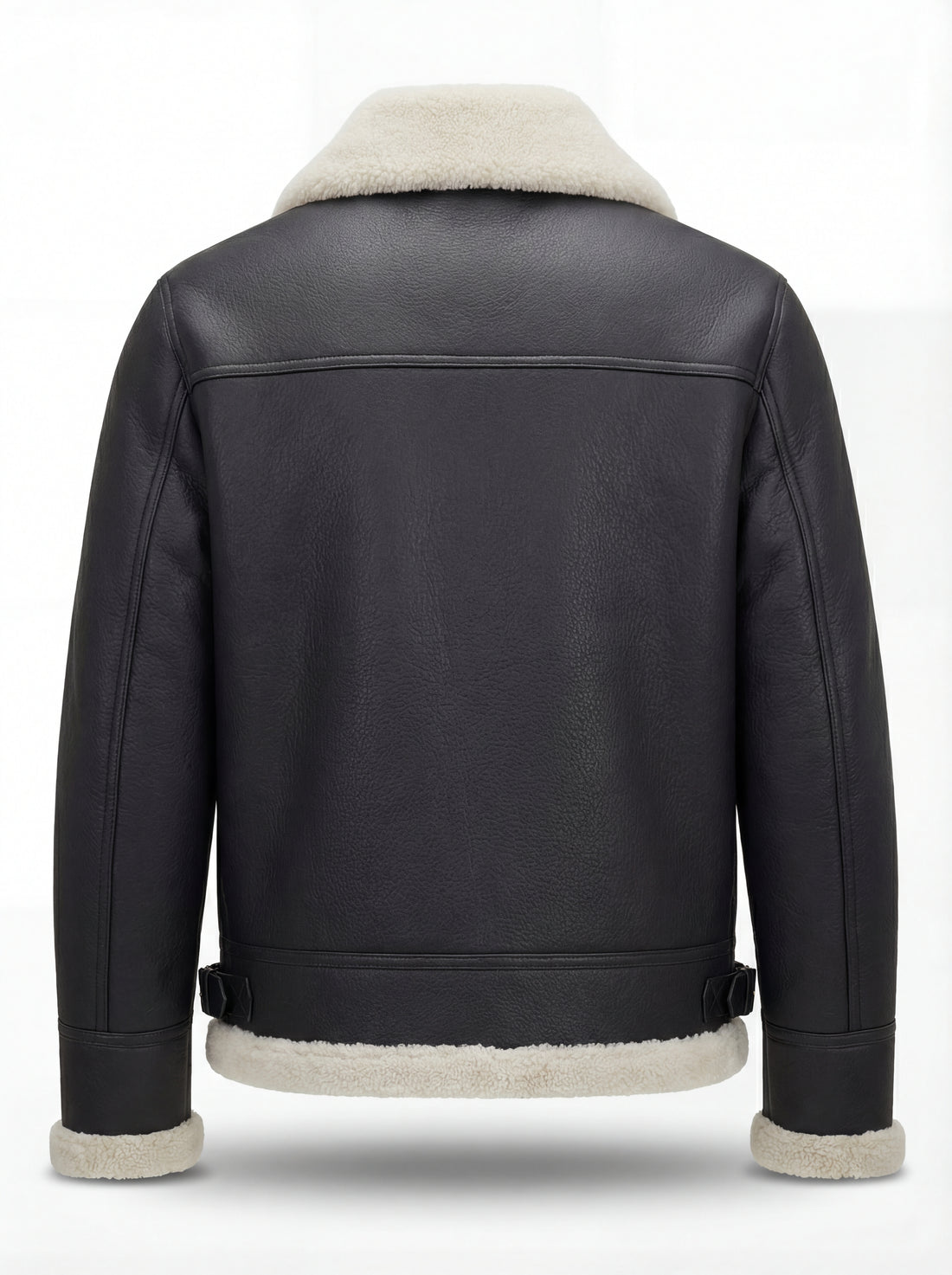 Men's Black Shearling B3 Bomber Jacket with white fur collar and double buckle throat straps, Front View. The Ronan by Maverick Jacket.