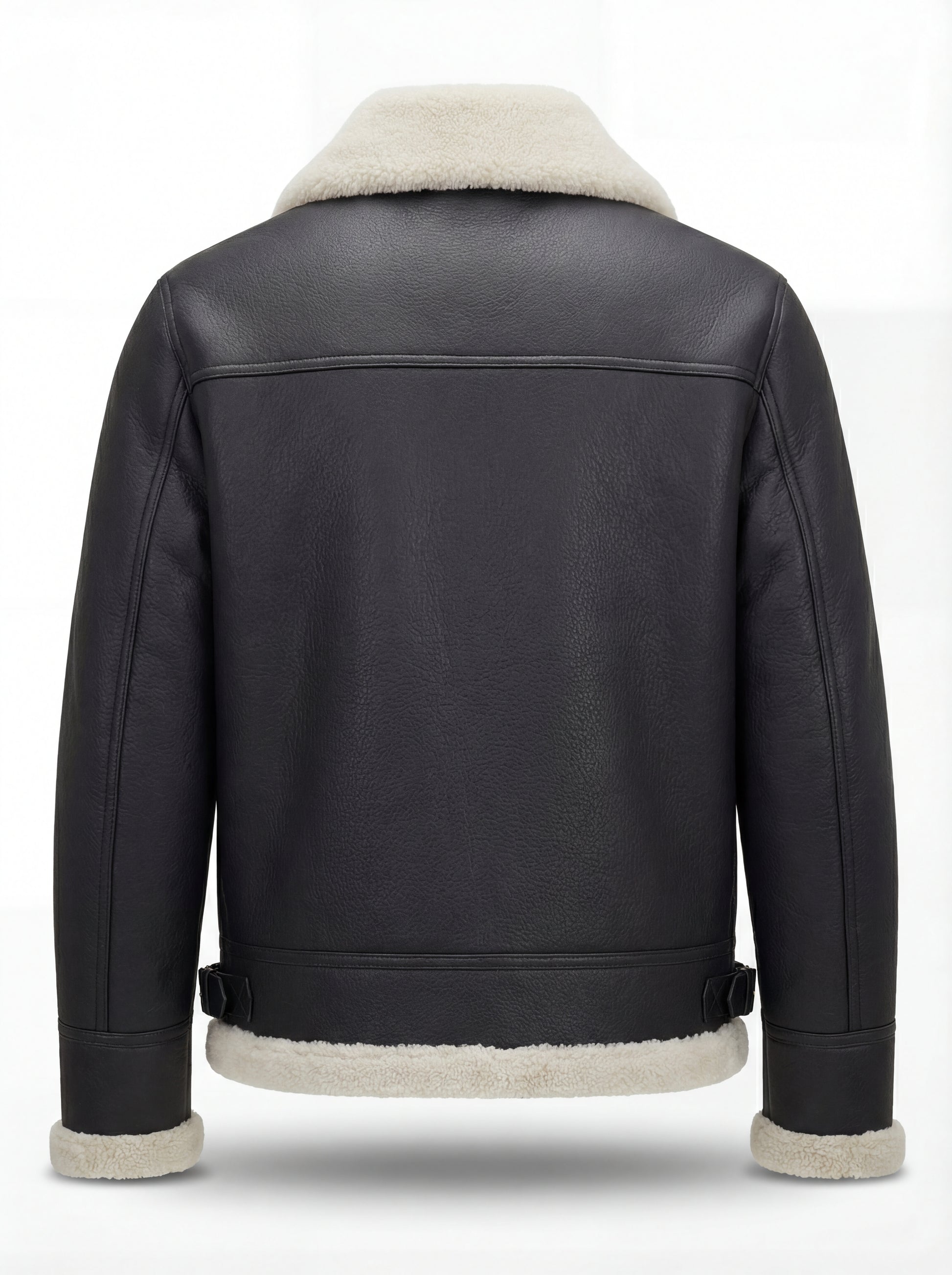 Rear view of Black Shearling B3 Bomber Jacket showing clean back paneling and side waist adjuster buckles. The Ronan by Maverick Jacket.