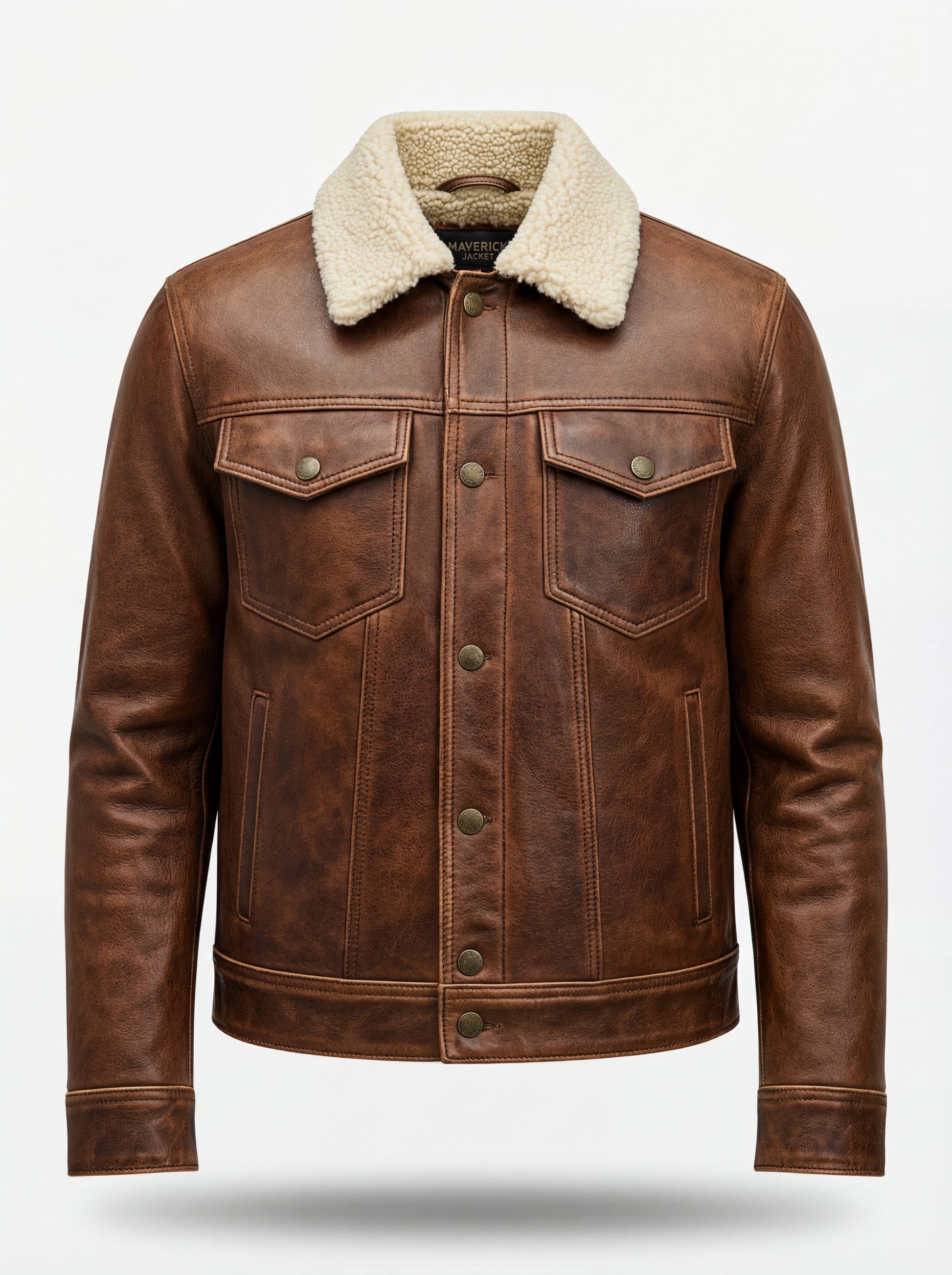 Men's Distressed Brown Leather Trucker Jacket with cream shearling collar and button-flap chest pockets, Front View. The Wyatt by Maverick Jacket.