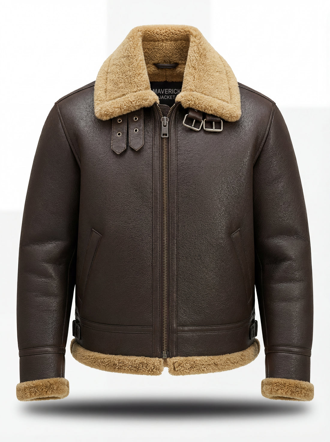 Men's Dark Brown Leather Shearling Aviator Jacket with beige shearling collar and collar buckles, Front View. The Beckett by Maverick Jacket.