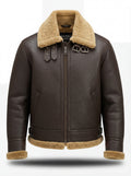 Men's Dark Brown Leather Shearling Aviator Jacket with beige shearling collar and collar buckles, Front View. The Beckett by Maverick Jacket.