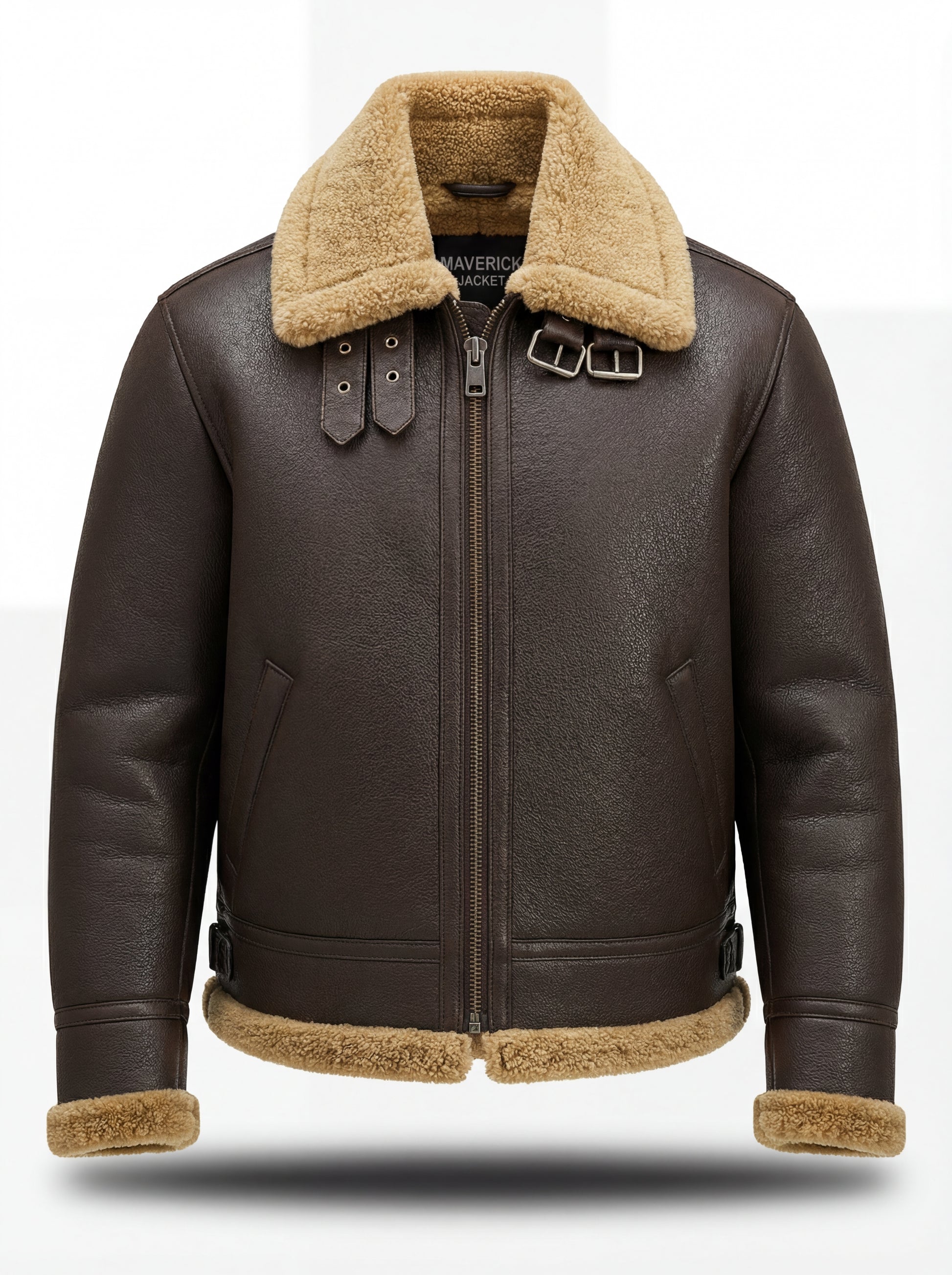 Men's Dark Brown Leather Shearling Aviator Jacket with beige shearling collar and collar buckles, Front View. The Beckett by Maverick Jacket.