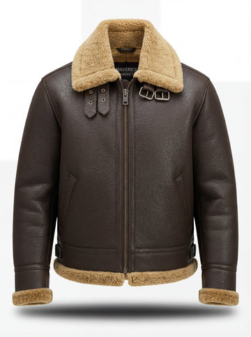 Men's Dark Brown Leather Shearling Aviator Jacket with beige shearling collar and collar buckles, Front View. The Beckett by Maverick Jacket.