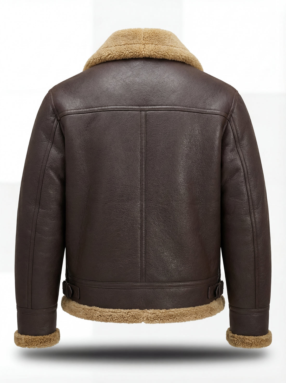 Men's Dark Brown Leather Shearling Aviator Jacket with beige shearling collar and collar buckles, Front View. The Beckett by Maverick Jacket.