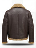 Rear view of Dark Brown Leather Shearling Aviator Jacket showing vertical center seam and shearling hem trim. The Beckett by Maverick Jacket.